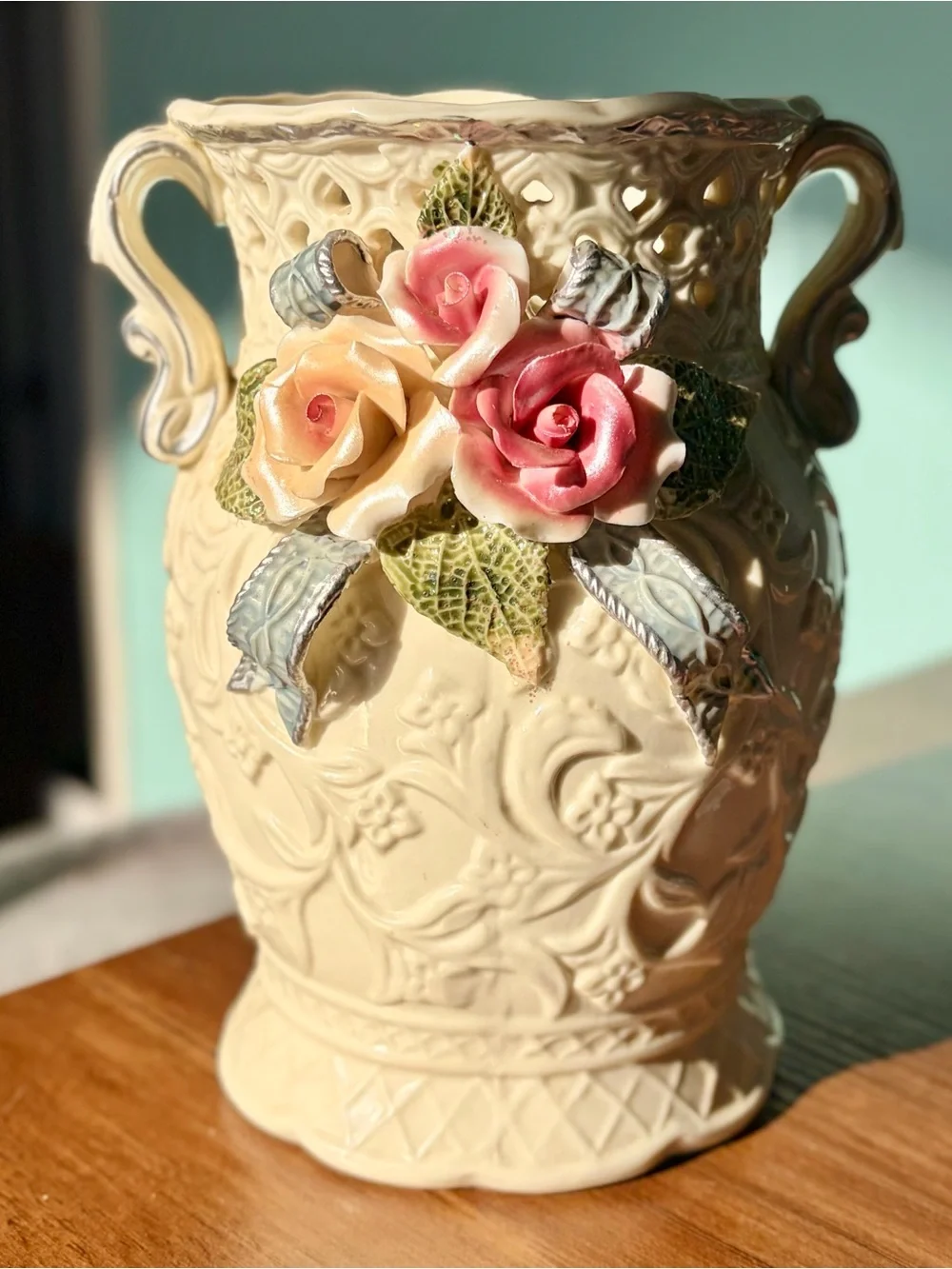 Vintage Ornate Floral Vase with 3D Porcelain Flowers